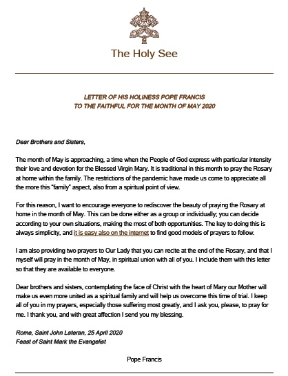 Pope Francis letter to the Faithful in May