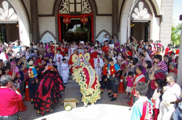 Chinese New Year Lion Dance at church porch
